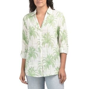 Tahari 100% Linen White & Green Palm Trees Blouse Size Large Mother of Pearl